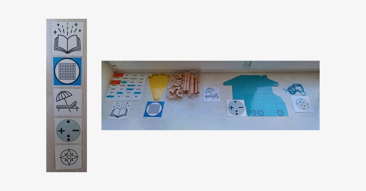 Abb. 1 (links): Visuelle Stundenplanung, Abb. 2 (rechts): Vertraute Arbeitsmaterialien