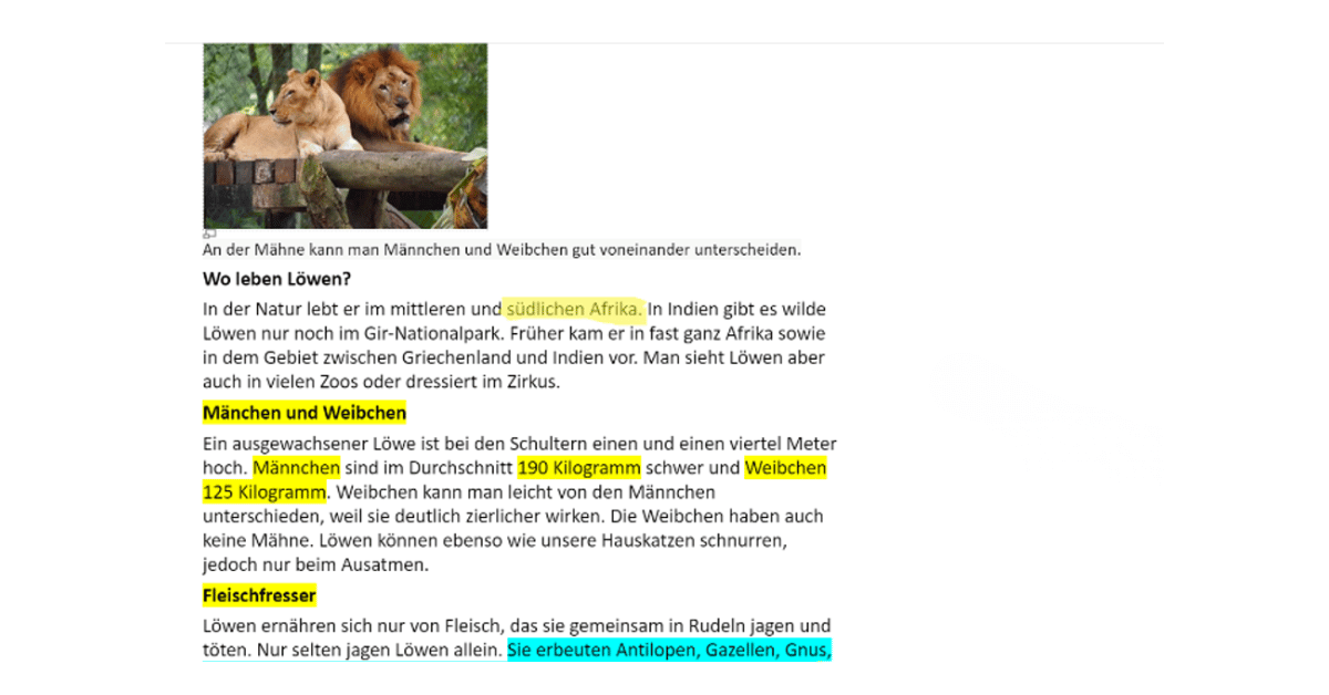 Abbildung 7: Oliver fügt Zwischenüberschriften in einen Text ein und markiert wichtige Informationen. (Quelle des Textes: Klexikon)