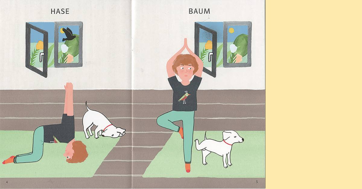 Doppelseite aus Leseheft: Kind führt Yogahaltungen "Hase" und "Baum" aus.