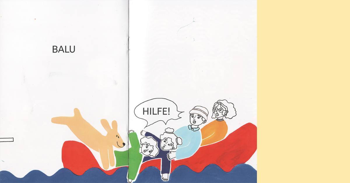 Szene aus Leseheft: Hund springt auf Kanu und Fahrende schreien "Hilfe"