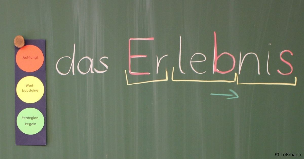 Auf einer Tafel steht "das Erlebnis", gegliedert in Wortbausteine.